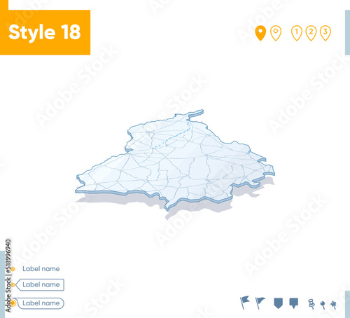 Punjab, India - 3d map on white background with water and roads. Vector map with shadow.