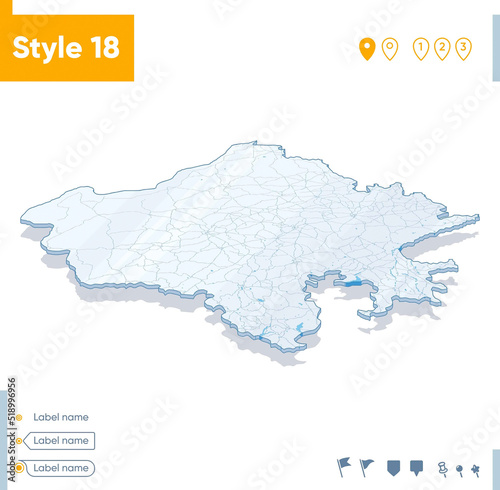 Rajasthan, India - 3d map on white background with water and roads. Vector map with shadow.