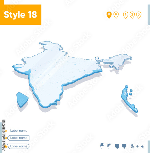 India - 3d map on white background with water and roads. Vector map with shadow.