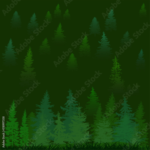firs trees set isolated on dark green background