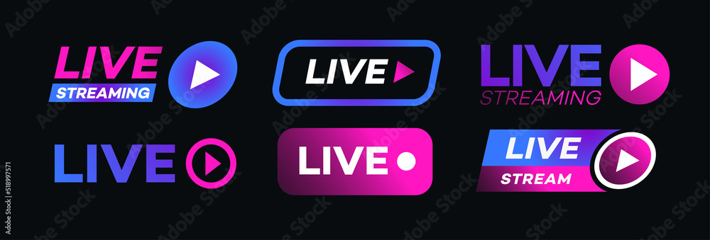 Live streaming icon set neon style isolated on transparent background. Symbol for social media. LIVE button for logo, sign, ui, app development, TV broadcasting. Vector 10 eps