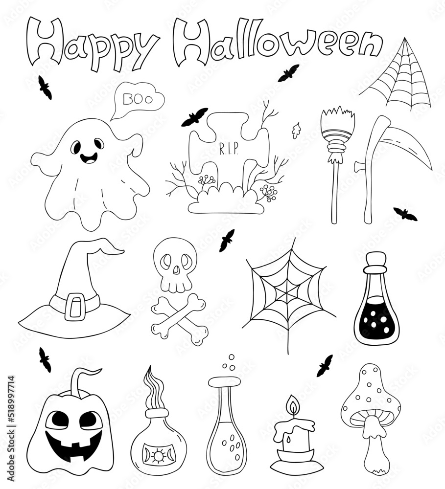 Obraz premium Doodle set Happy Halloween. Jack pumpkin, ghost, skull and crossbones, grave and cobweb, fly agaric, witch hat and witches potion. Vector isolated outline elements for decor, design, decoration.