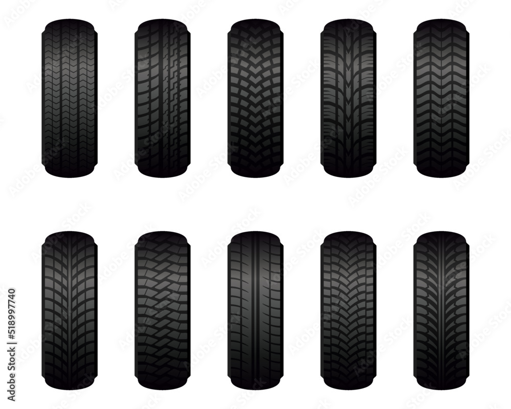 Car wheel tires of different tread marks types set isolated on white background. Rubber tires