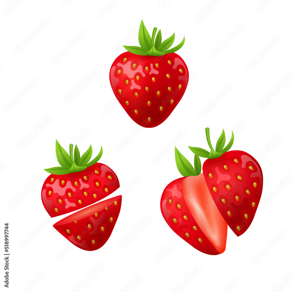 Whole and sliced strawberry. Fresh red ripe soft berry isolated on white background. Realistic 3D vector illustration. Healthy food, sweet fruit with vitamin C. Whole and sliced strawberry. Fresh red ripe soft berry isolated on white background. Realistic 3D vector illustration. Healthy food, sweet fruit with vitamin C.