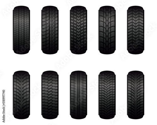 Car wheel tires of different tread marks types set isolated on white background. Rubber tires for summer and winter season front view. Vulcanization and tire fitting concept. Vector illustration