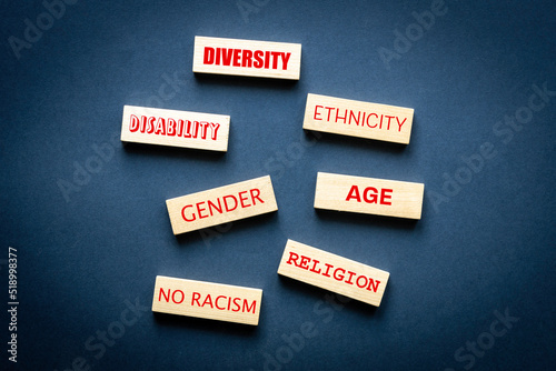 Diversity ethnicity gender age disabilty no racism words written on wooden block, Equality and diversity an tolerance creative concept photo