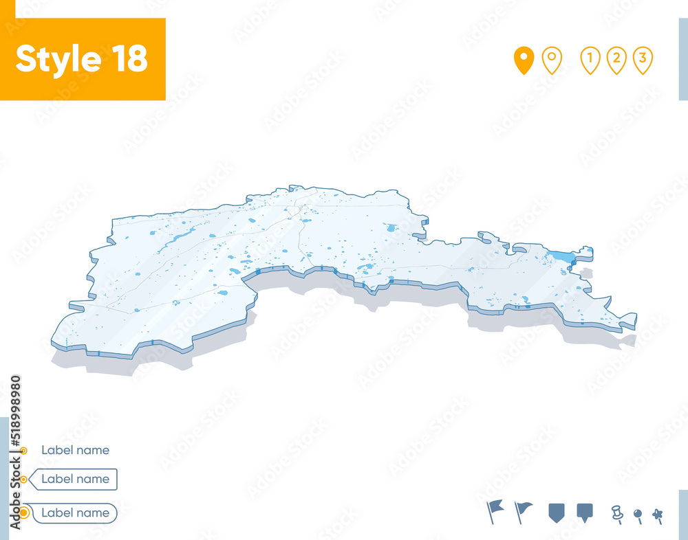 North Kazakhstan, Kazakhstan - 3d map on white background with water and roads. Vector map with shadow.