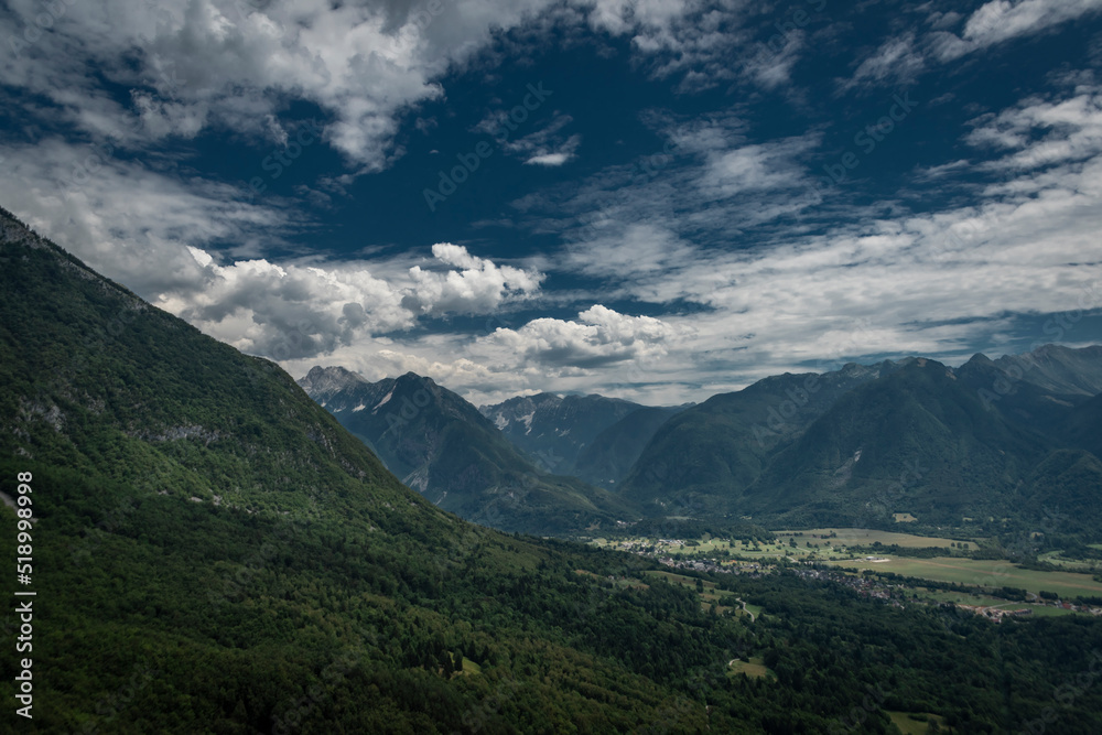 View from cableway near Kanin mountains in Slovenia in summer cloudy day