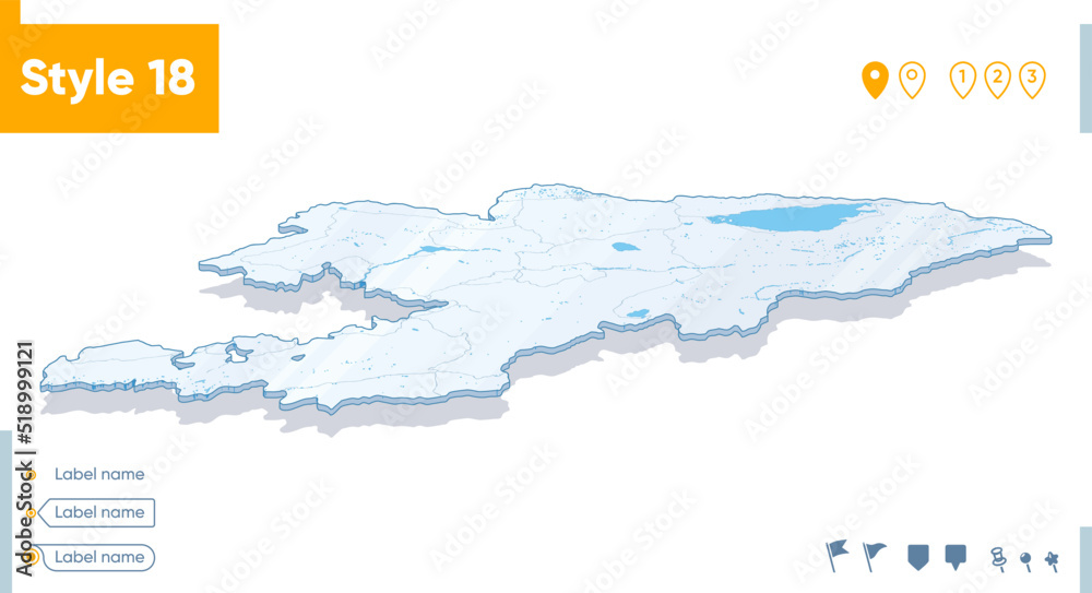 Kyrgyzstan - 3d map on white background with water and roads. Vector map with shadow. Kyrgyzstan - 3d map on white background with water and roads. Vector map with shadow.