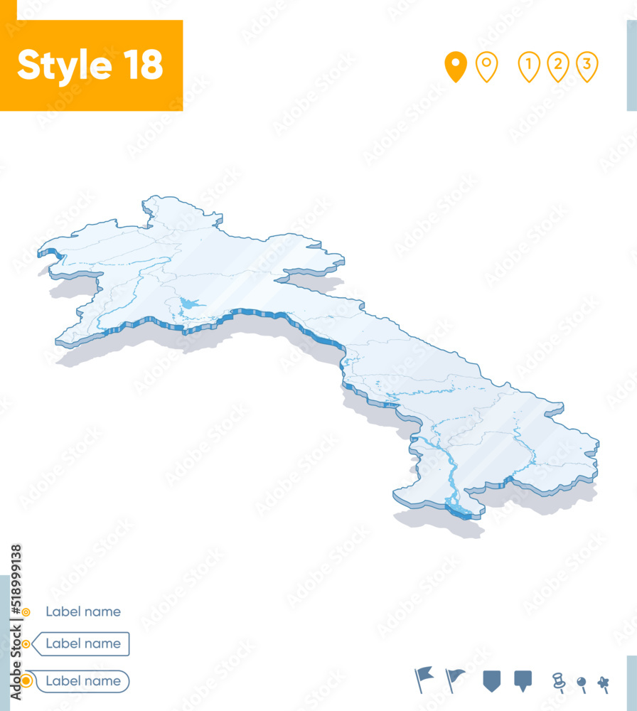 Laos - 3d map on white background with water and roads. Vector map with shadow.