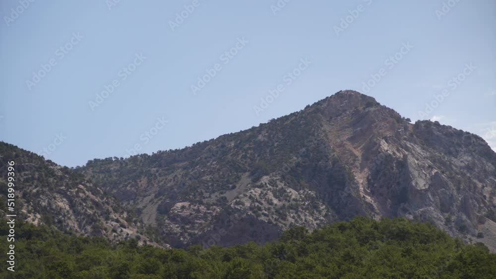 Panorama of mountain rocks. Mountain forest landscape.