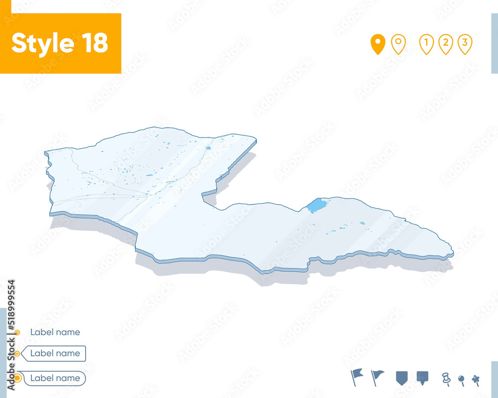 Dornod, Mongolia - 3d map on white background with water and roads. Vector map with shadow.