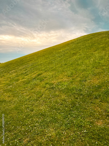 Idyllic Green Hill and Meadow Outdoor Summer Scene. Views of a fresh vivid green outdoor scene. Lush meadow of grass in the foreground. A large green hill stands tall in the background.