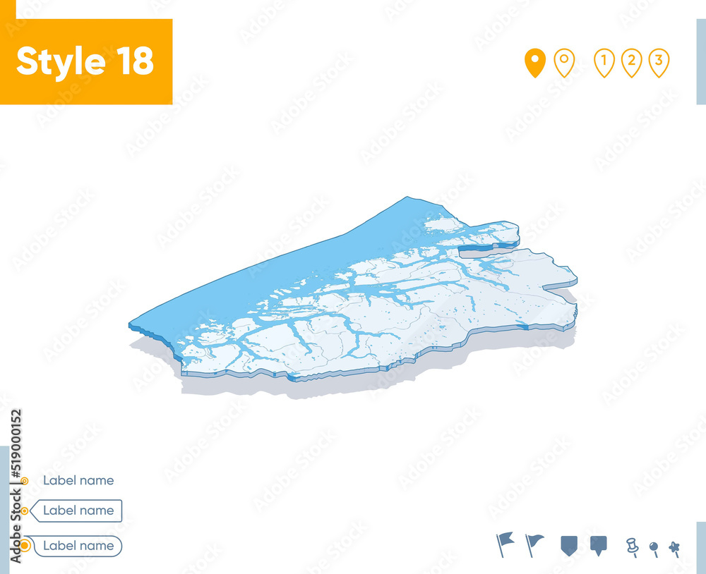 More Og Romsdal, Norway - 3d map on white background with water and roads. Vector map with shadow.