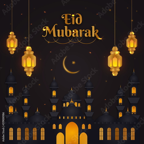 Beautiful eid mubarak islamic banner with a mosque and ramadan lanters.