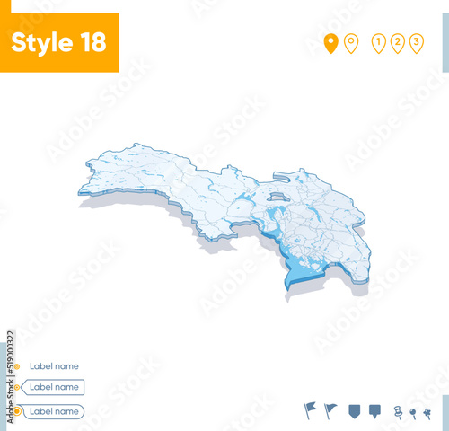 Viken, Norway - 3d map on white background with water and roads. Vector map with shadow.