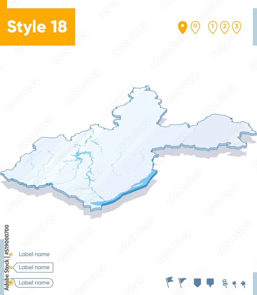 Irkutsk Region, Russia - 3d map on white background with water and roads. Vector map with shadow.