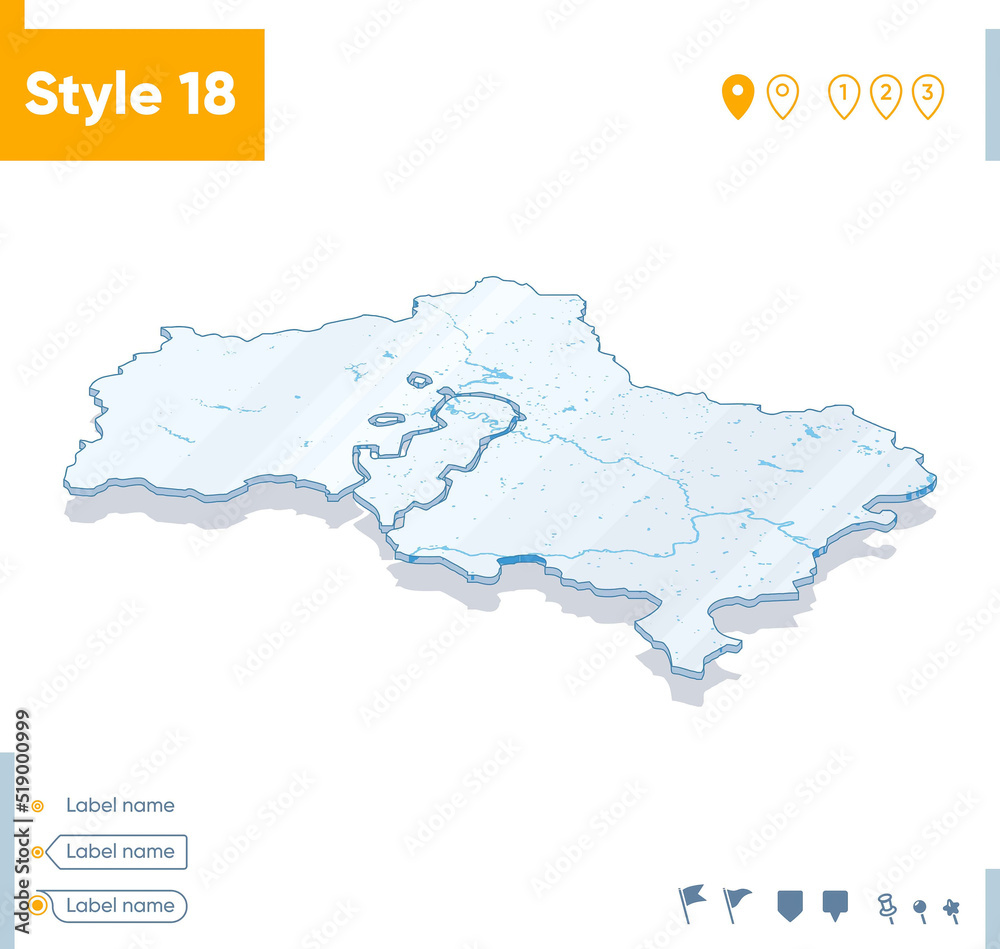 Moscow Region, Russia - 3d map on white background with water and roads. Vector map with shadow.