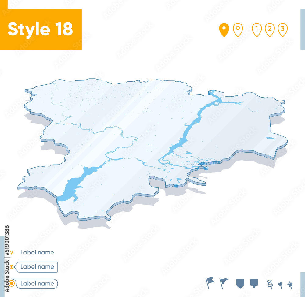 Volgograd Region, Russia - 3d map on white background with water and roads. Vector map with shadow.