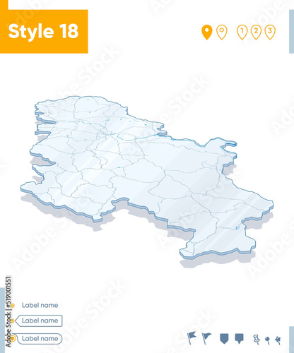 Serbia - 3d map on white background with water and roads. Vector map with shadow.