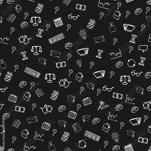 Seamless pattern doodle business, finance, infographics, exchange, white color on a black background.