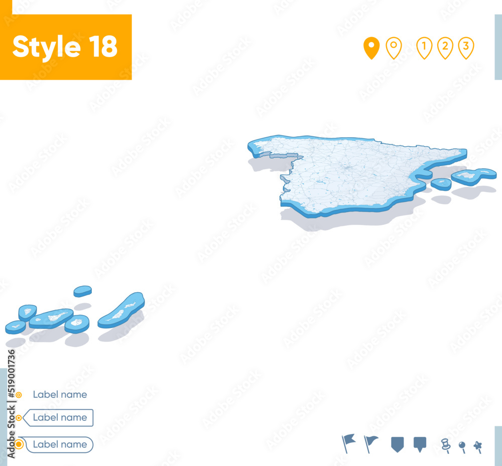 Spain - 3d map on white background with water and roads. Vector map with shadow. Spain - 3d map on white background with water and roads. Vector map with shadow.
