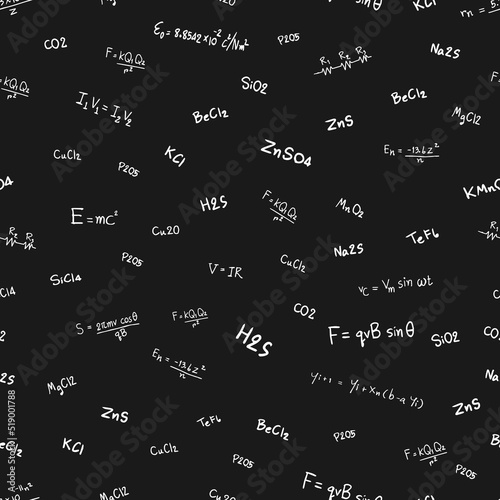 Seamless doodle pattern with formulas and graphs of trigonometric functions on a black background