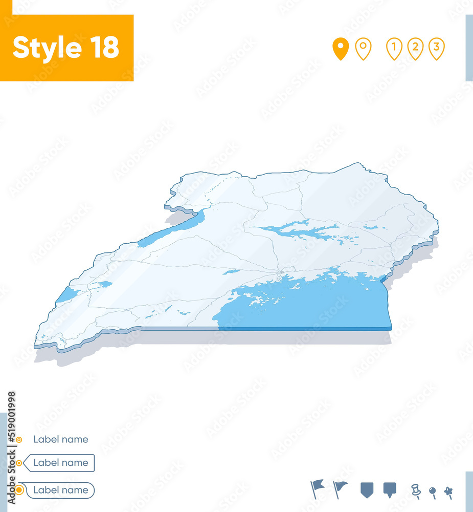 Uganda - 3d map on white background with water and roads. Vector map with shadow.