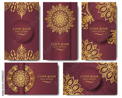 Set of five gorgeous vector mandala patterns. Golden ethnic ornament on burgundy background. Oriental pattern in postcards, labels, posters, invitations, packages. 