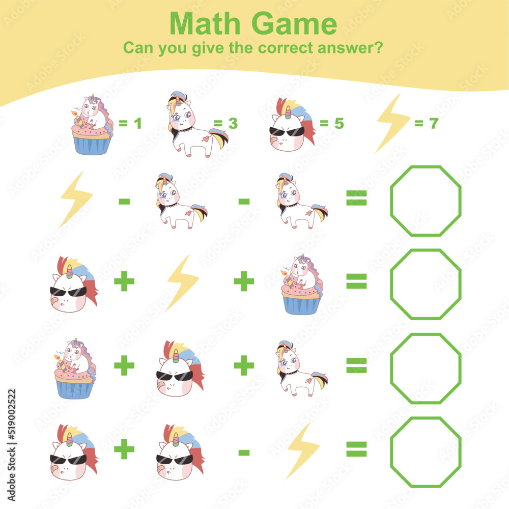 Fototapeta premium Counting unicorn worksheet. Math worksheet with unicorn theme. Learning how to counting for preschool children. This worksheet is perfect for educating children about how to count. Vector illustration