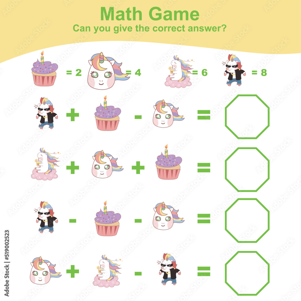 Counting unicorn worksheet. Math worksheet with unicorn theme. Learning how to counting for preschool children. This worksheet is perfect for educating children about how to count. Vector illustration