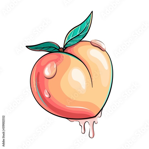 Butt-shaped, heart-shaped juicy peach, fruit with juice drops cartoon style illustration