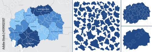 Detailed, vector, blue map of Macedonia with administrative divisions country