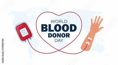 World blood donor day poster. Human donates blood, blood bag and hand on world map background. Vector illustration.