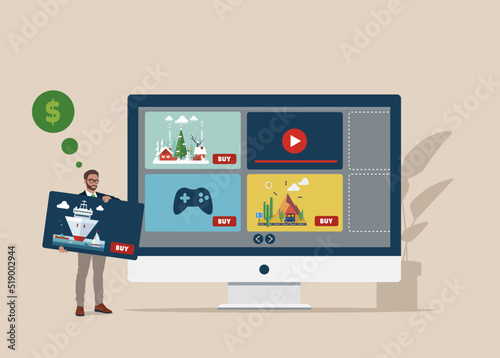 Monitor, web store with various artworks, music and art masterpieces. Businessman add new video content for sell and sells media content online. Internet shop.