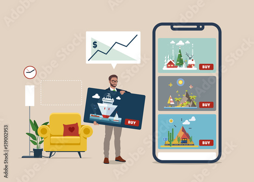 Entrepreneur sells her artwork online. Smartphone with store app. Artistic paintings on mobile phone screen. Profit from art studio.