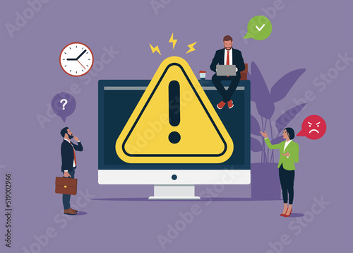 Programmer and users analyze software or diagnose computer. Big warning sign on screen. Operating system error. Setting up personal computer.