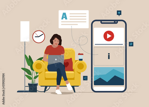 Blogger girl works on laptop. Female journalist create content for blog. Blogging, copywriting concept. Modern smartphone with social network app. Webpage with various media content. 