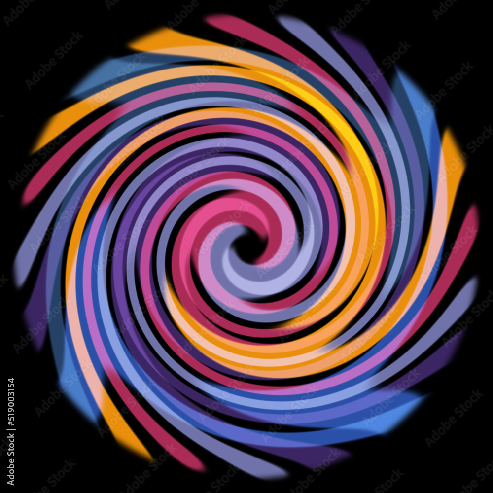 Radial rippled colorful swirl on black background. Abstract yellow blue purple pink swirl vortex twisted spiral. 