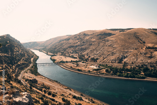 Euphrates river valley and bridge over Euphrates near Ataturk Dam. Sanliurfa province, Turkiye photo