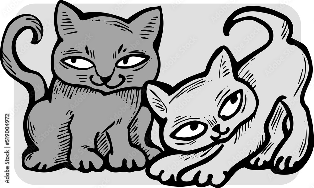 Obraz premium Cute cats friends sitting together. Decorative border, banner, postcard, poster print for kids room or birthday. Logo design for veterinary. Hand drawn illustration. Cartoon character vector drawing.