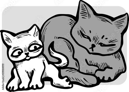 Cute cats friends sitting together. Decorative border, banner, postcard, poster print for kids room or birthday. Logo design for veterinary. Hand drawn illustration. Cartoon character vector drawing.