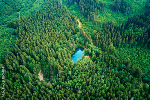 Fototapeta Naklejka Na Ścianę i Meble -  Blue lake in the middle of green forest, aerial view. Wild colorful lake in mountain park in Poland. Beautiful nature landscape