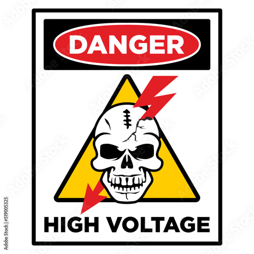 Human skull is pierced by high voltage lightning. Warning vector sign