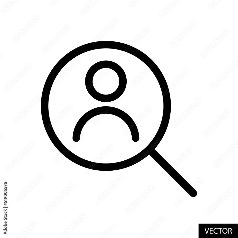 Loupe magnifier on person vector icon in line style design for website design, app, UI, isolated on white background. Editable stroke. Vector illustration. Loupe magnifier on person vector icon in line style design for website design, app, UI, isolated on white background. Editable stroke. Vector illustration.