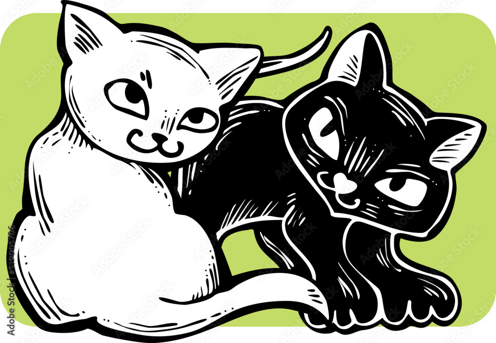 Obraz premium Cute cats friends sitting together. Decorative border, banner, postcard, poster print for kids room or birthday. Logo design for veterinary. Hand drawn illustration. Cartoon character vector drawing.