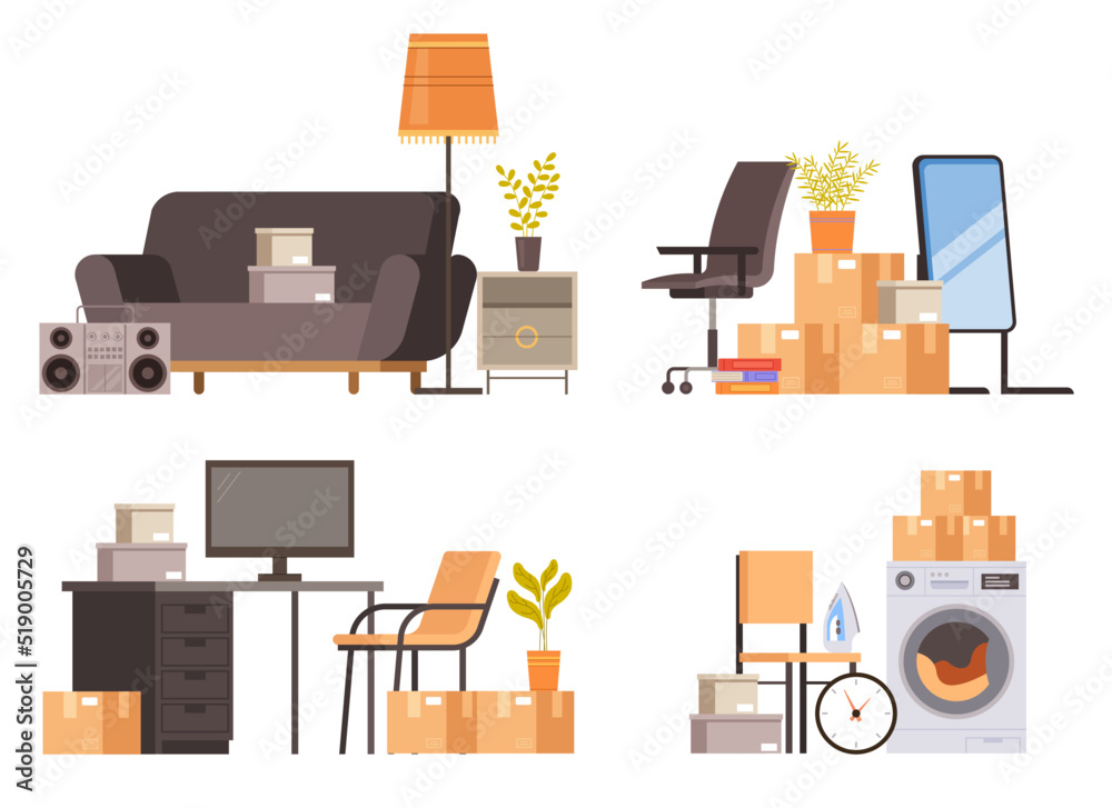 Cardboard packed home staff boxes piles for relocation and moving delivery household thing isolated graphic design element concept illustration set collections
