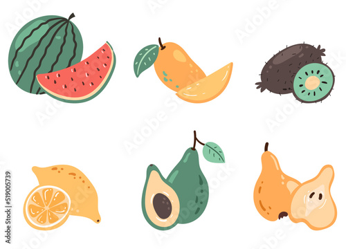 Fototapeta Naklejka Na Ścianę i Meble -  Whole and half tropical exotic fruits cutaway cut doodle style hand drawn isolated graphic design element illustration set collection