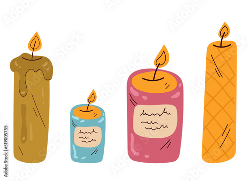 Burning flaming aroma candles for spa relax therapy isolated on white background set collection design element concept illustration
