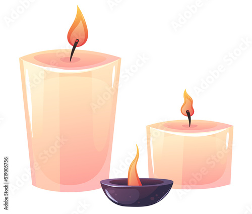 Burning flaming aroma candles for spa relax therapy isolated on white background set collection design element concept illustration
